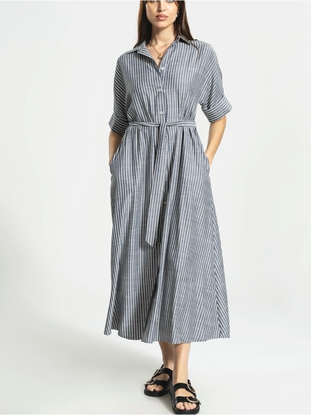 Max Studio Pin Stripe Button Down Shirt Dress Tie Waist Gray White SZ XL  NWT